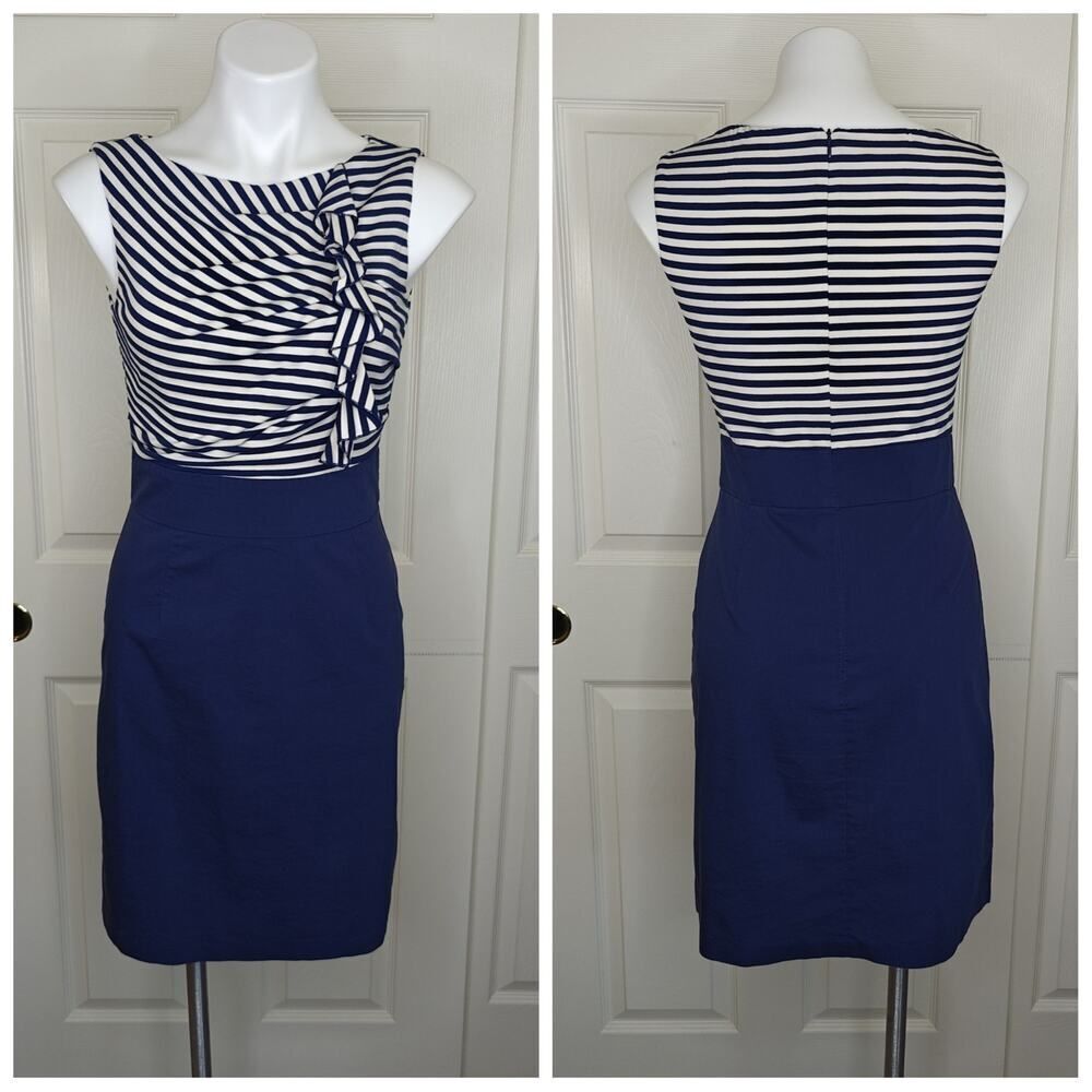 Suzi Chin for Maggy Boutique blue & white striped ruffle sheath dress sz 4